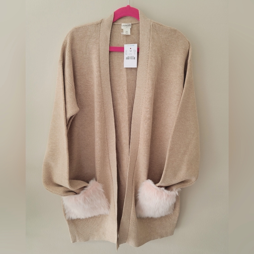 NWT Crewcuts Girls Long Cardigan Sweater with PINK Faux Fur Pockets 16(Girl) - Picture 2 of 13